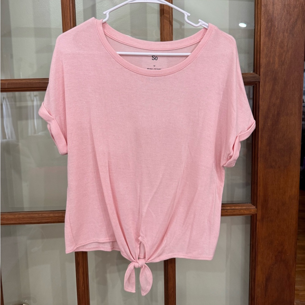 SO Women's Light Pink Short Sleeve Tie-Front Tee